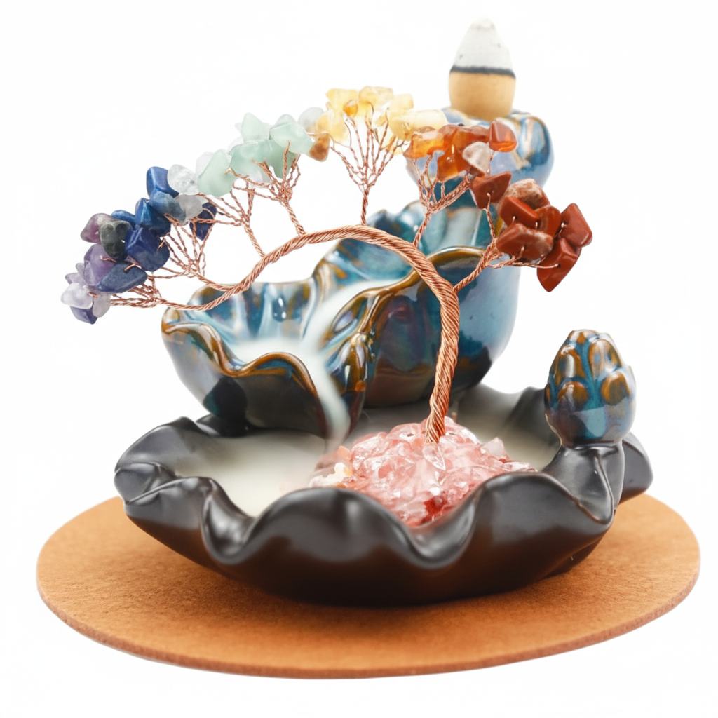 7 chakra crystal tree backflow incense burner set on white background
