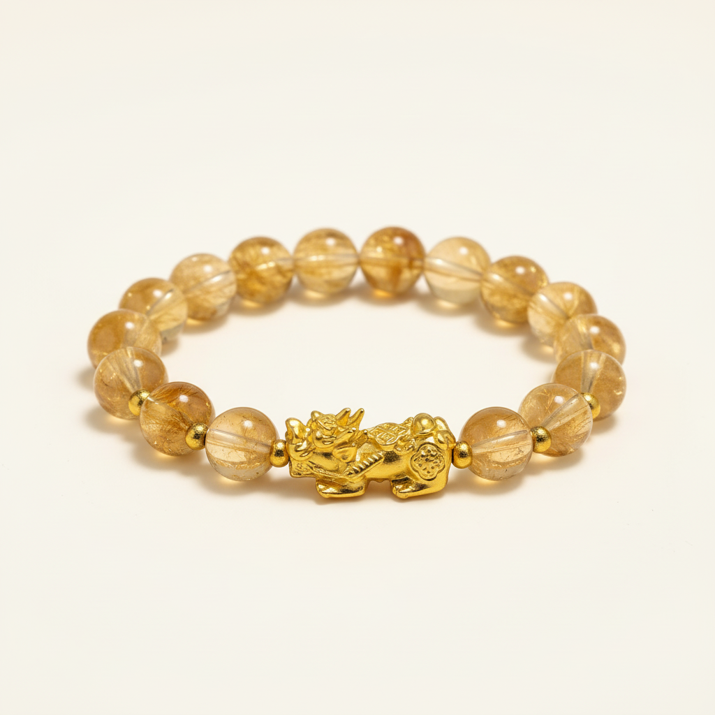 Natural citrine crystal bead bracelet with gold pixiu charm on cream background